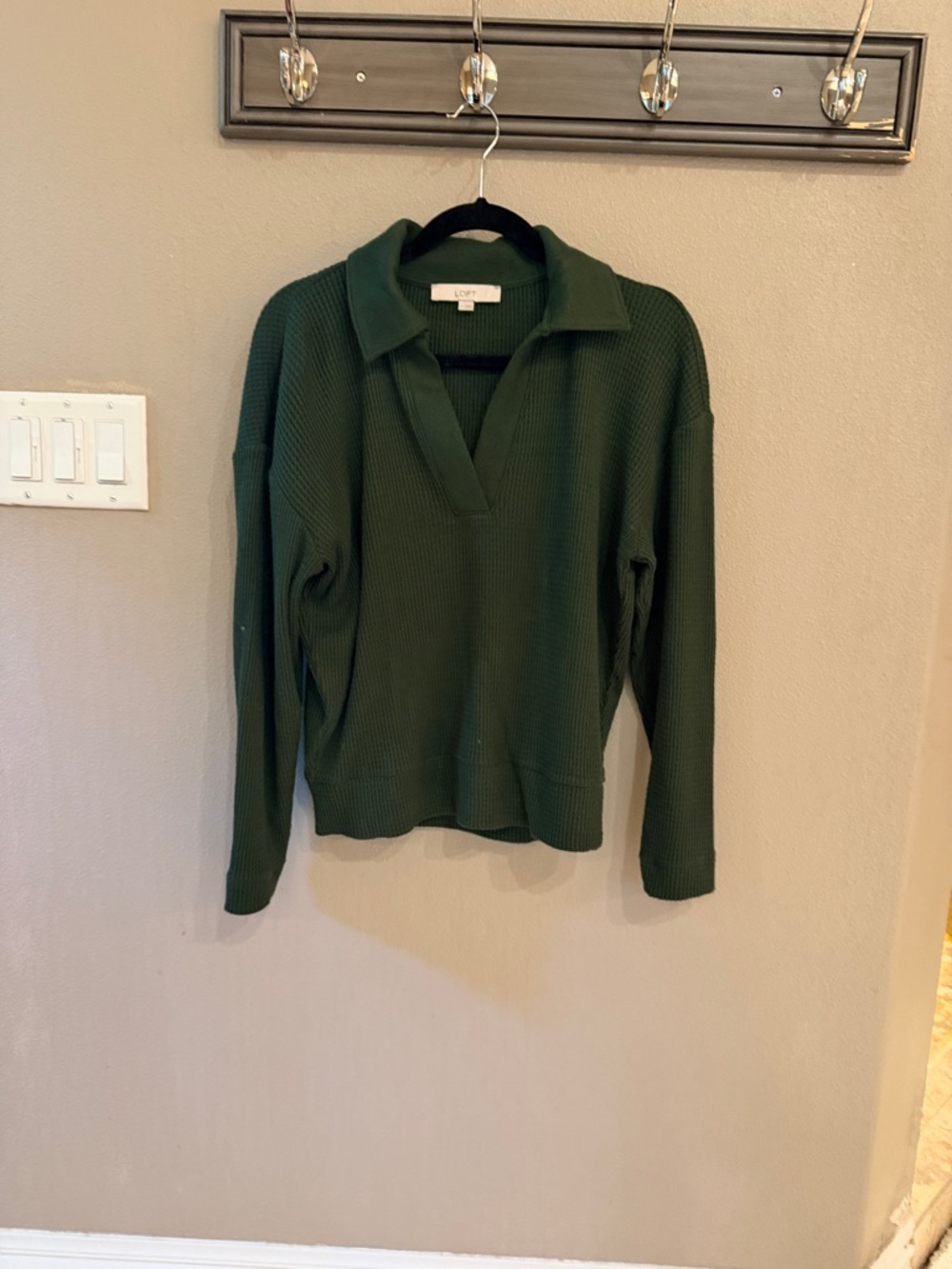 LOFT Forest Green Collared V-Neck Waffle Knit Sweater